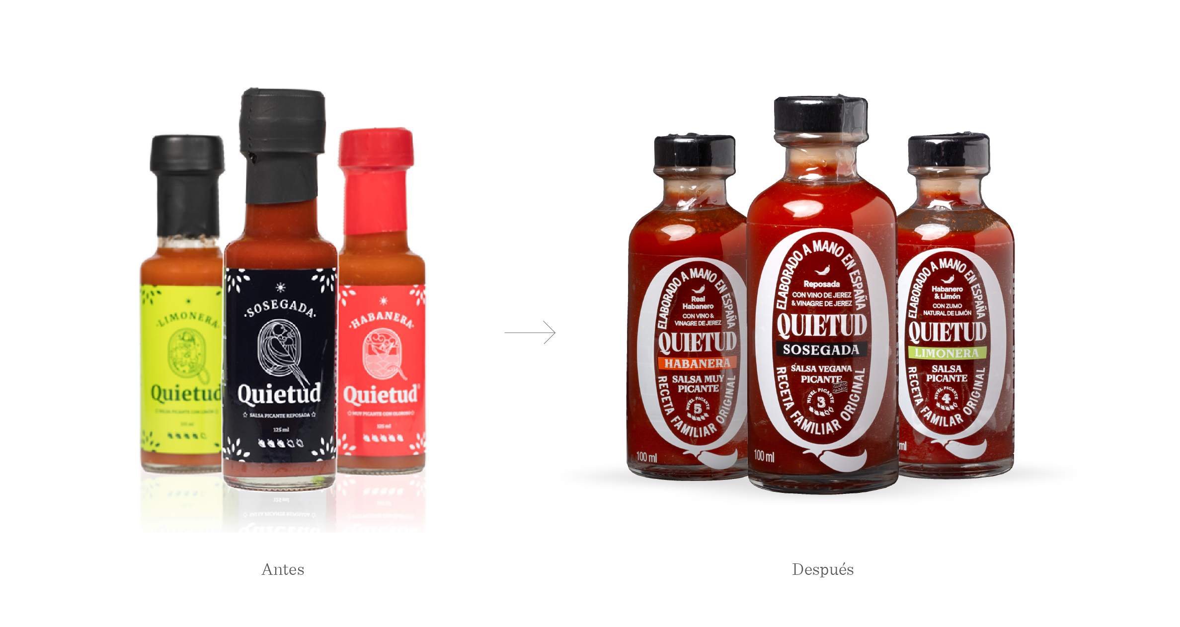 Identidad corporativa y diseño de packaging para la marca de salsas picantes Quietud